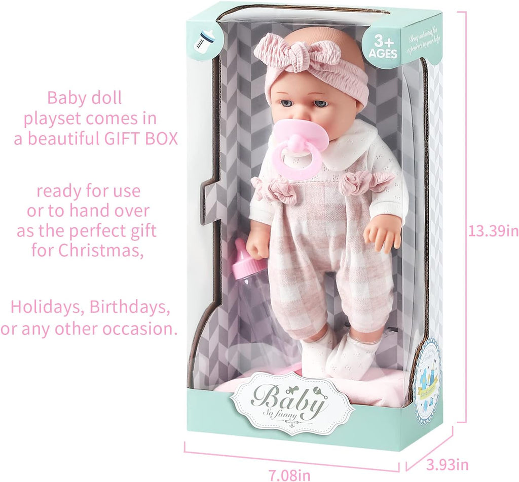 Enjoyin Muñeca de bebé de 12 pulgadas en caja de regalo con paños rosados, chupete, manta de microtela de 13 x 13 pulgadas y biberón. Idea de regalo para mayores de 3 años