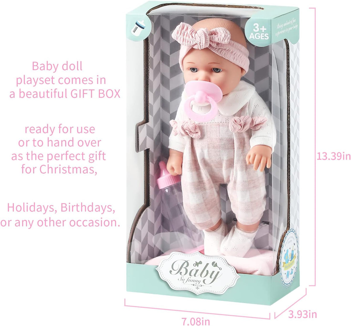 Enjoyin Muñeca de bebé de 12 pulgadas en caja de regalo con paños rosados, chupete, manta de microtela de 13 x 13 pulgadas y biberón. Idea de regalo para mayores de 3 años