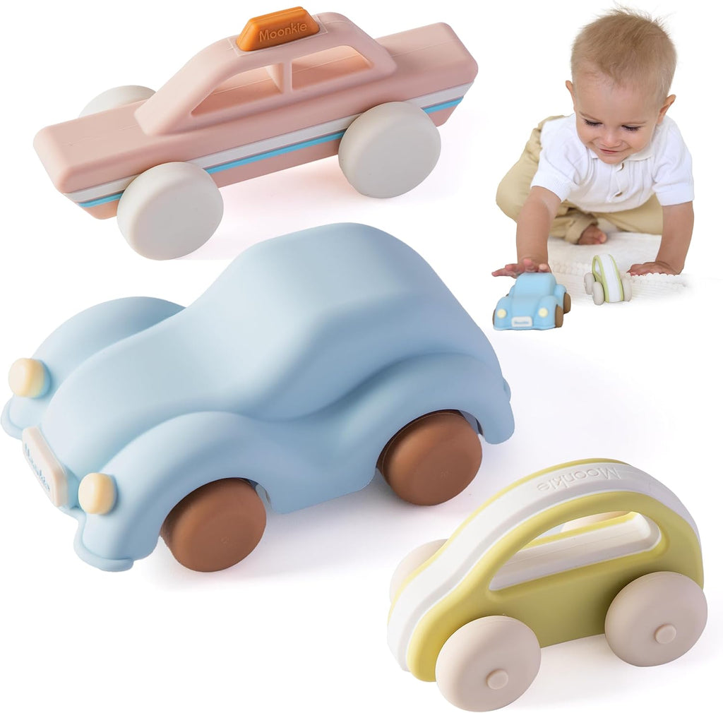 Moonkie - Autos de juguete de silicona de grado alimenticio para bebés y niños pequeños, juguetes para bebés de 6 a 12 meses, juguetes para bebés de diseño hueco, regalos de cumpleaños para niños y