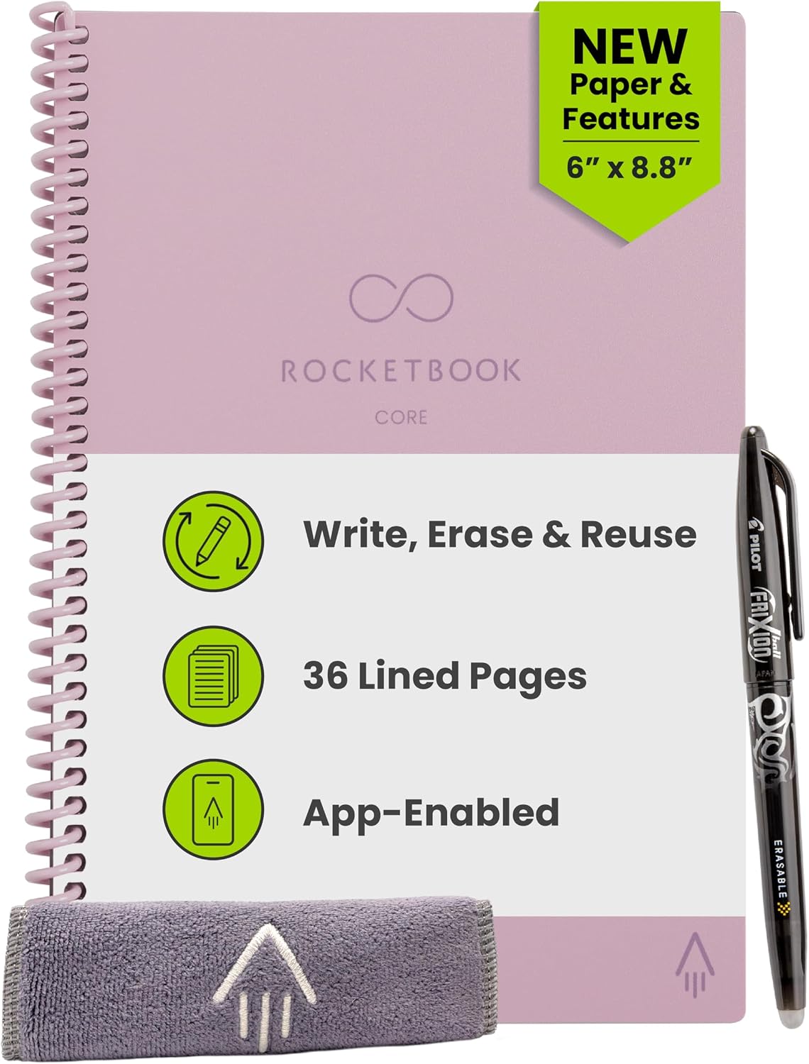 Rocketbook Core - Cuaderno inteligente reutilizable, tamaño ejecutivo, 6 x 8.8, rosa