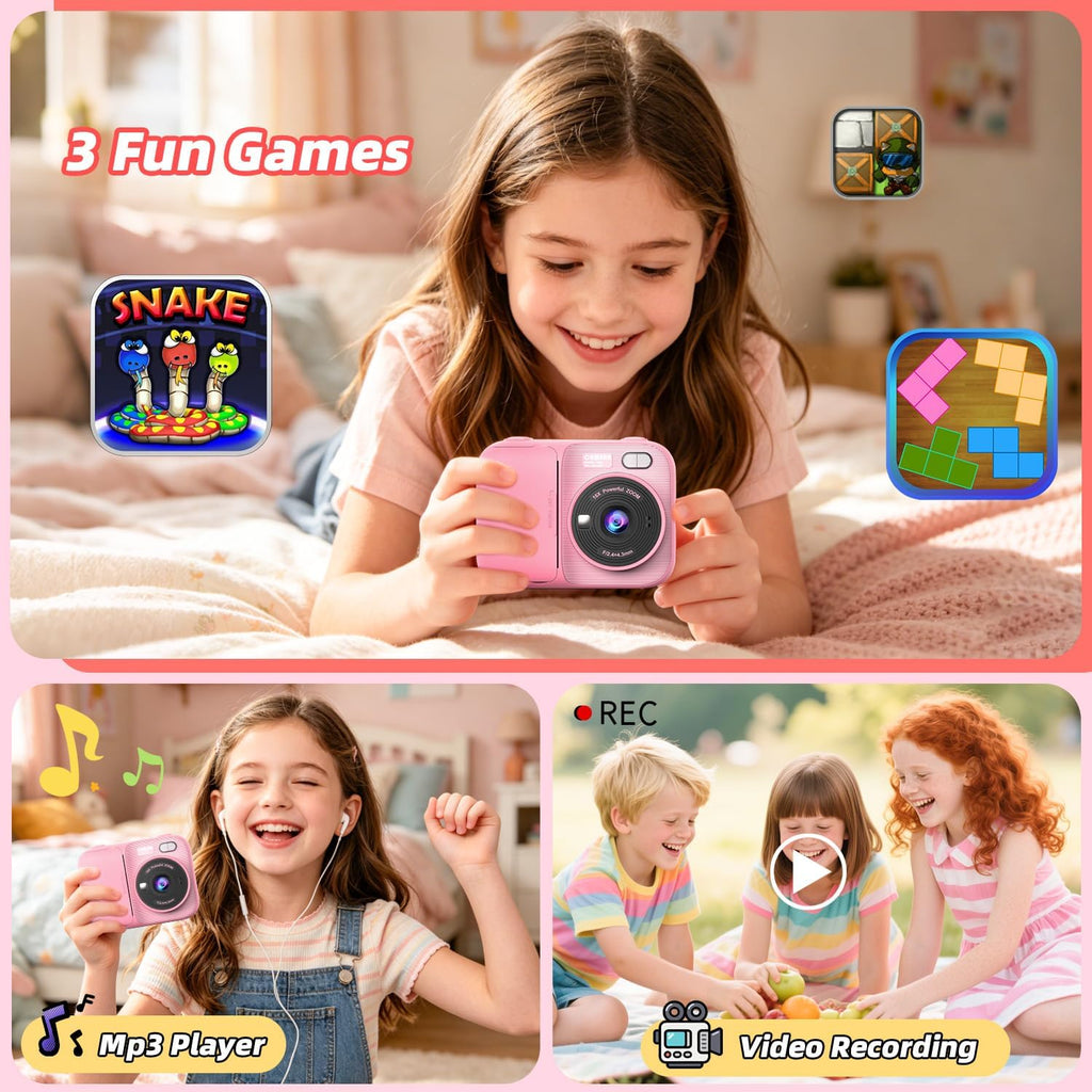 Cámara de impresión instantánea para niños con 5 rollos de papel de impresión, cámara HD 1080P, cámara portátil recargable para selfies, regalos de cumpleaños de Navidad, juguetes para niños y niñas