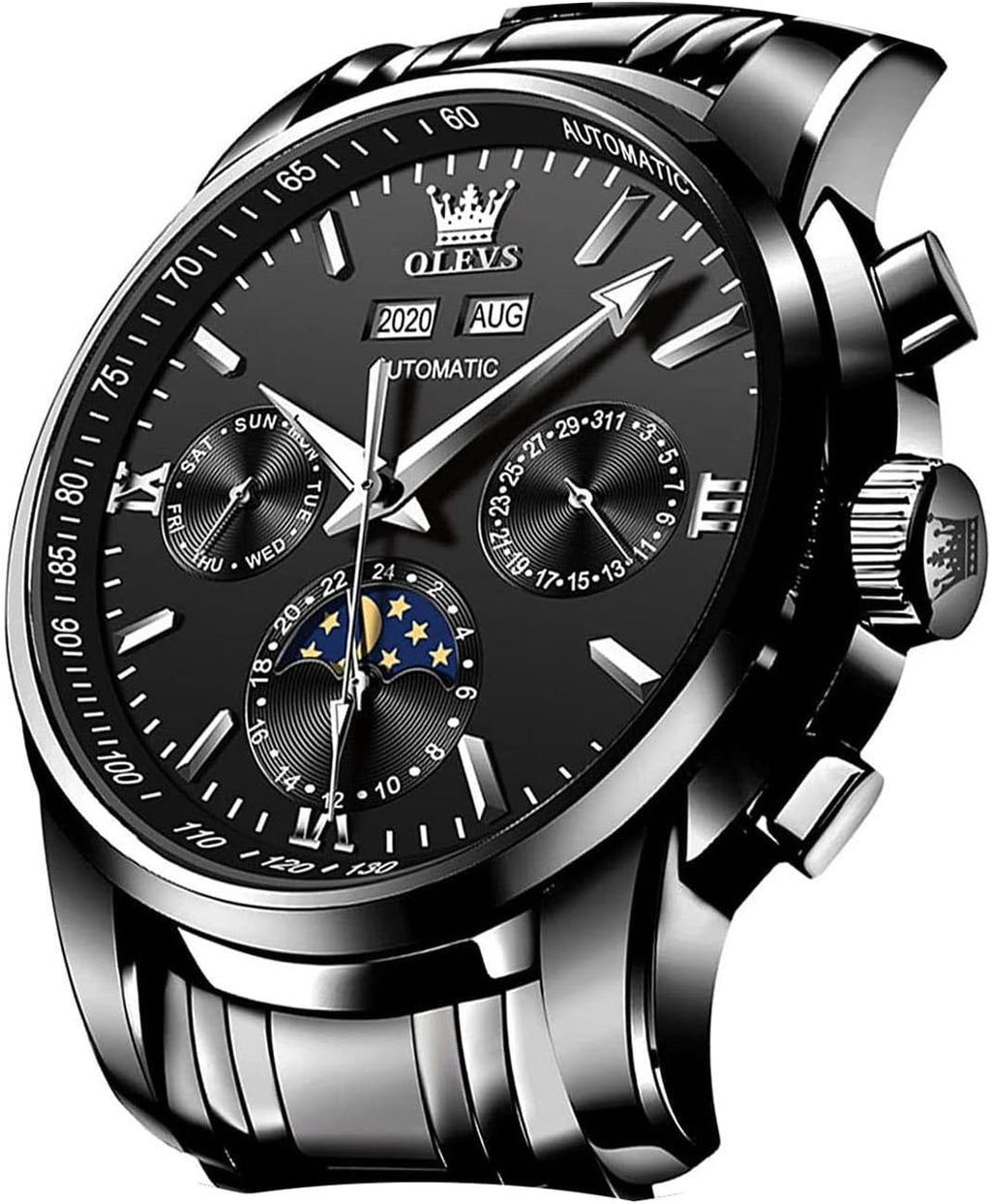 OLEVS - Reloj automático de lujo para hombre de cuerda mecánica con fases de la luna, de acero inoxidable, impermeable y con calendario luminoso, correa plateada