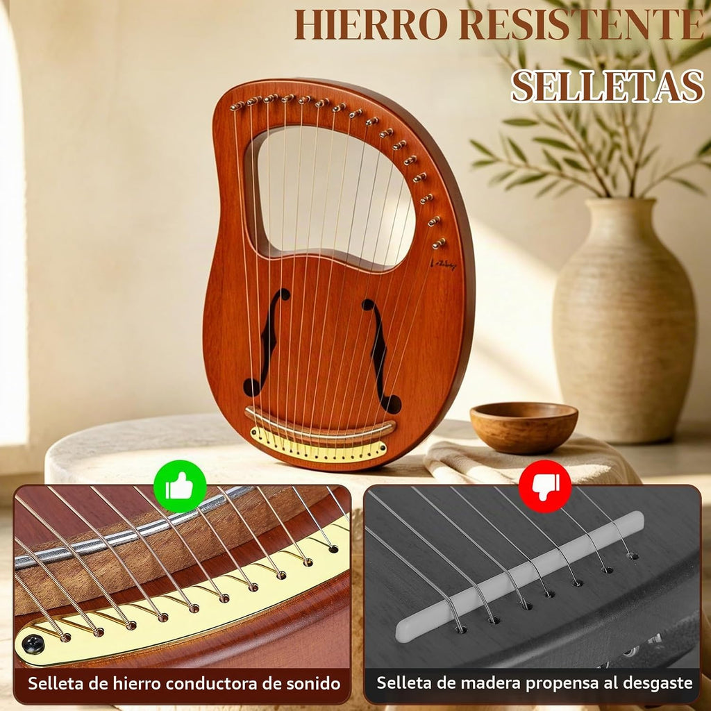 Lotkey Lyre Harp, 16 Cuerdas de Metal, Silla de Hierro, Lejía de Arpa en Nogal con Llave de Afinación, Extracción de Cuerdas, Manual y Bolsa de Gig
