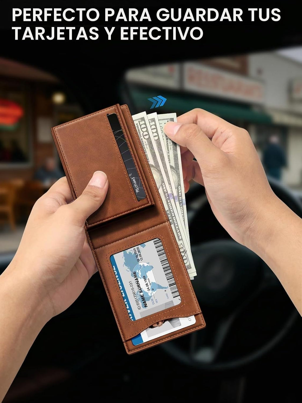 Billetera para hombre con bloqueo RFID minimalista para 12-14 tarjetas | Cartera inteligente delgada y plegable con ventana para identificación y ranura para efectivo, bolsillo frontal, estuche