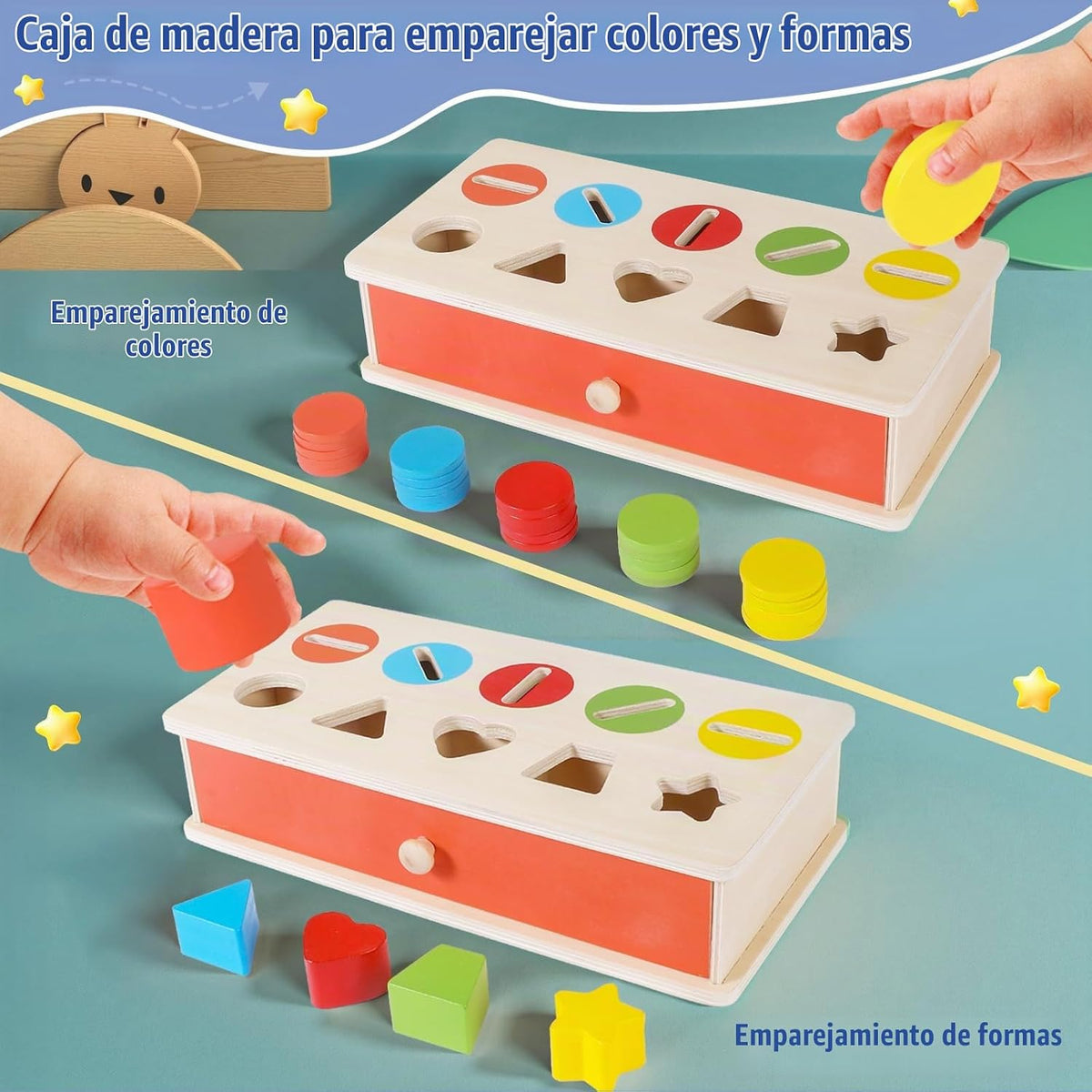 Juguetes a juego de clasificación de formas de color de madera