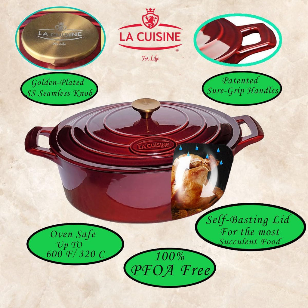 La Cuisine - Olla ovalada de hierro fundido esmaltado para horno holandés con tapa, 5 cuartos de galón, revestimiento interno de esmalte negro mate, mango de tapa de acero inoxidable chapado en oro, apto para horno