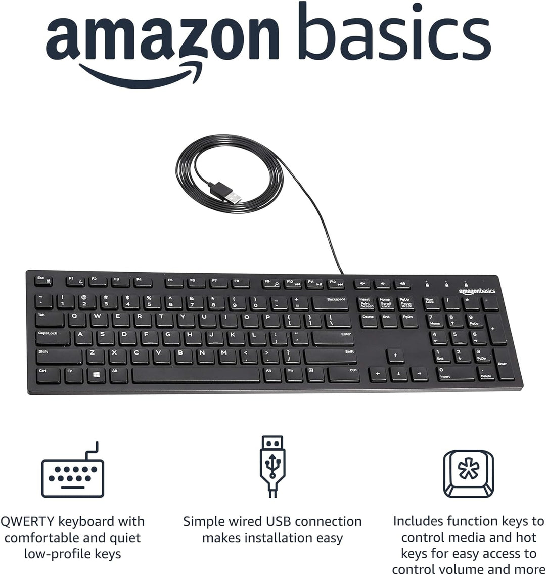 Amazon Basics Teclado QWERTY con cable tamaño completo negro