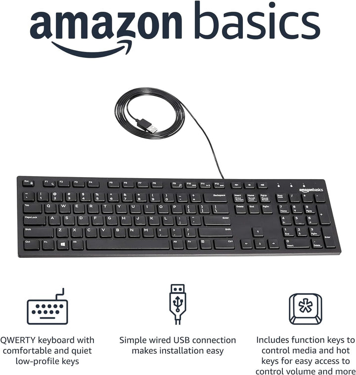 Amazon Basics Teclado QWERTY con cable tamaño completo negro