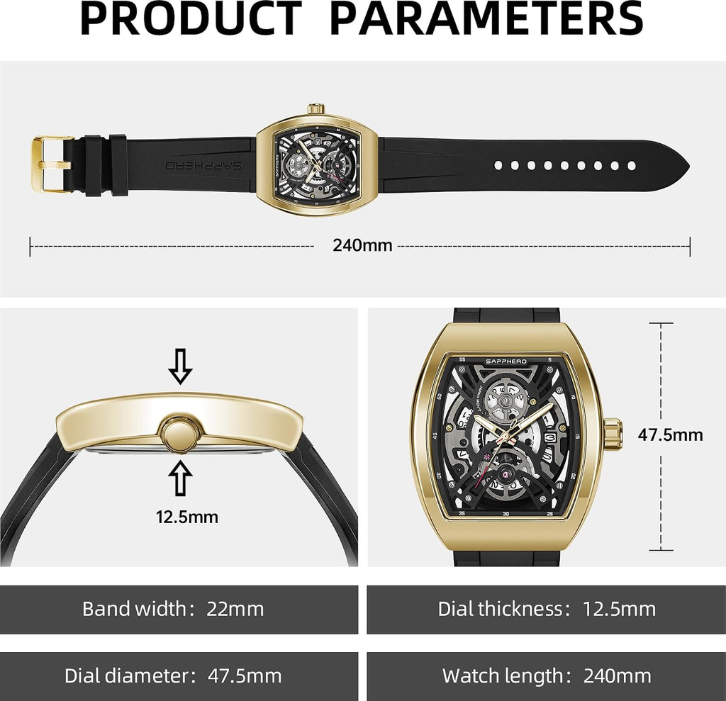 SAPPHERO Reloj para hombre, esfera de esqueleto Tonneau, caja de acero inoxidable, movimiento de cuarzo japonés, correa de silicona, reloj de pulsera deportivo y de moda, resistente a los 30M, fecha