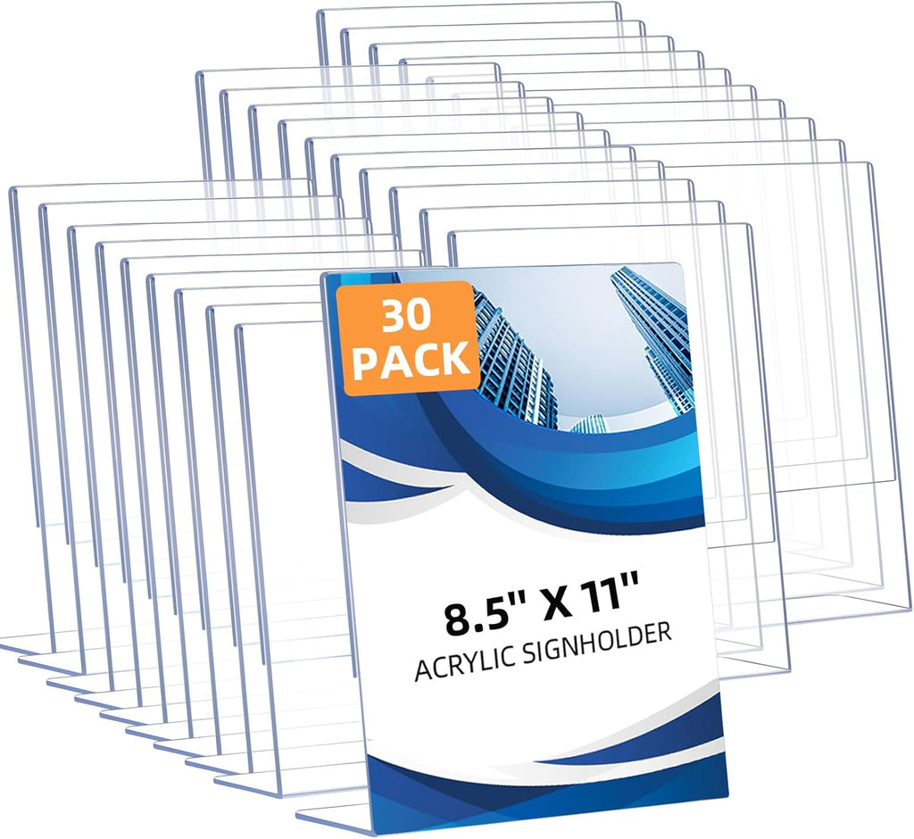 30 Pack Acrylic Sign Holder 8.5 x 11, Clear Plastic Display Stands para Tabletop, L-Shape Acrylic Stands para Flyers, Documents, Office, Restaurants, Vertical Sign Holder 8.5x11 para Desktop