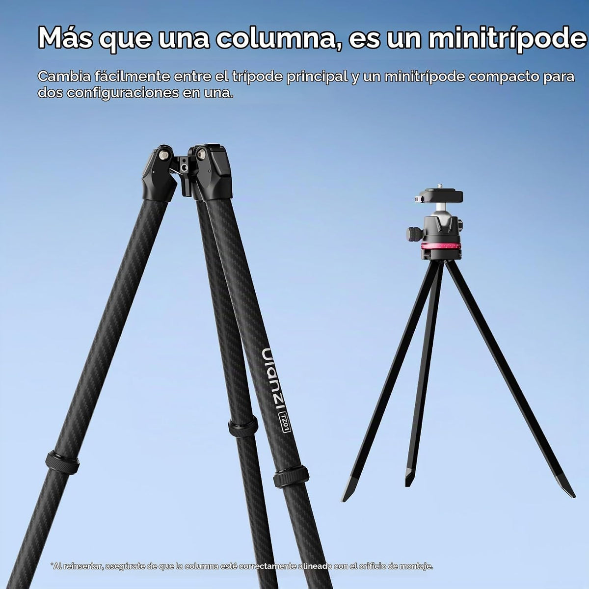 ULANZI TZ01 Trípode de fibra de carbono de 64.2 pulgadas, mini trípode de columna central desmontable 2 en 1, soporte para cámara con cabeza de bola de 360°, liberación rápida Uka, trípode de viaje