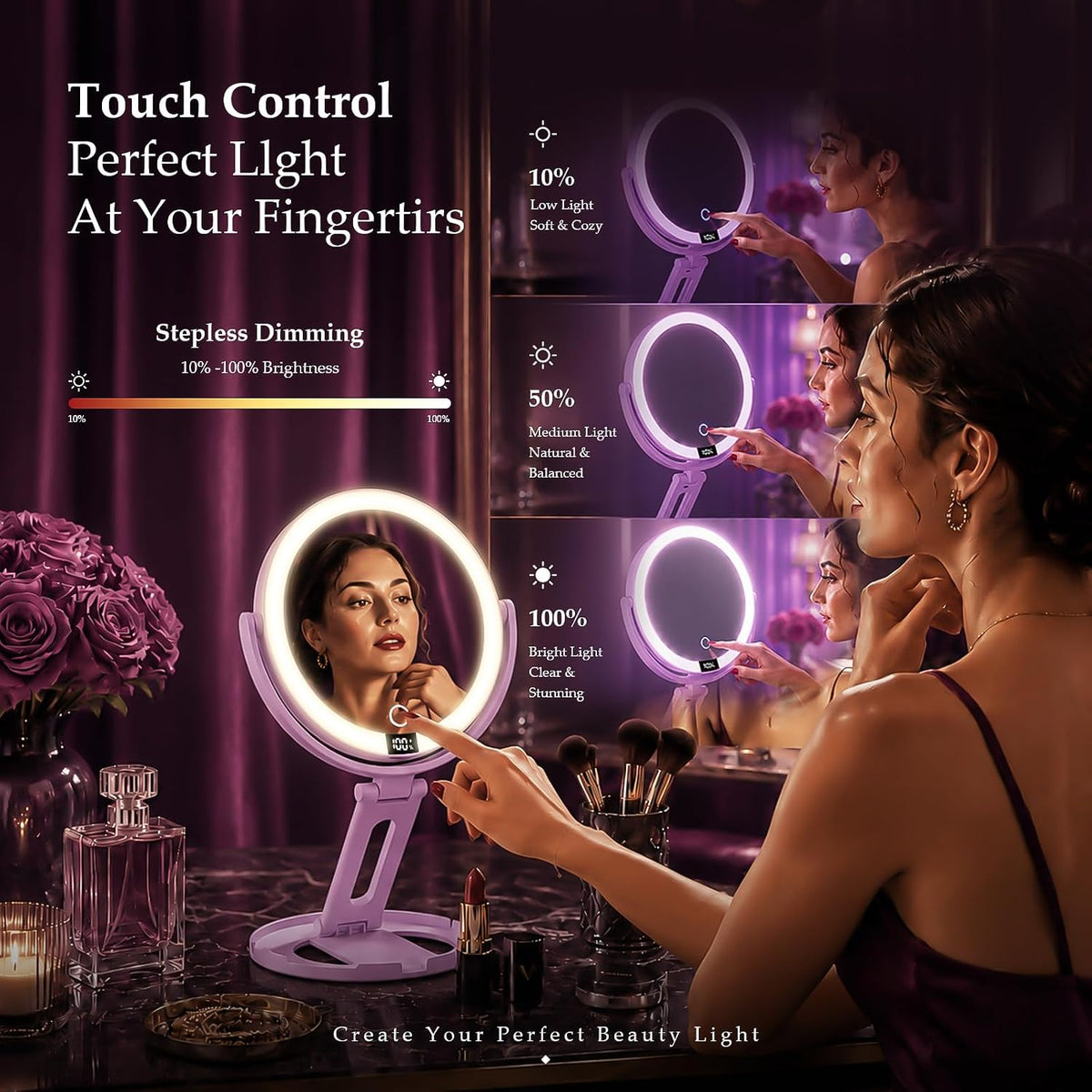 Espejo de maquillaje de viaje con luces, espejo de aumento de doble cara 1X