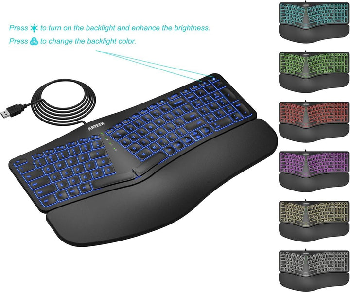 Arteck - Teclado USB Ergonómico con Cable, con Reposamuñecas y Repo...