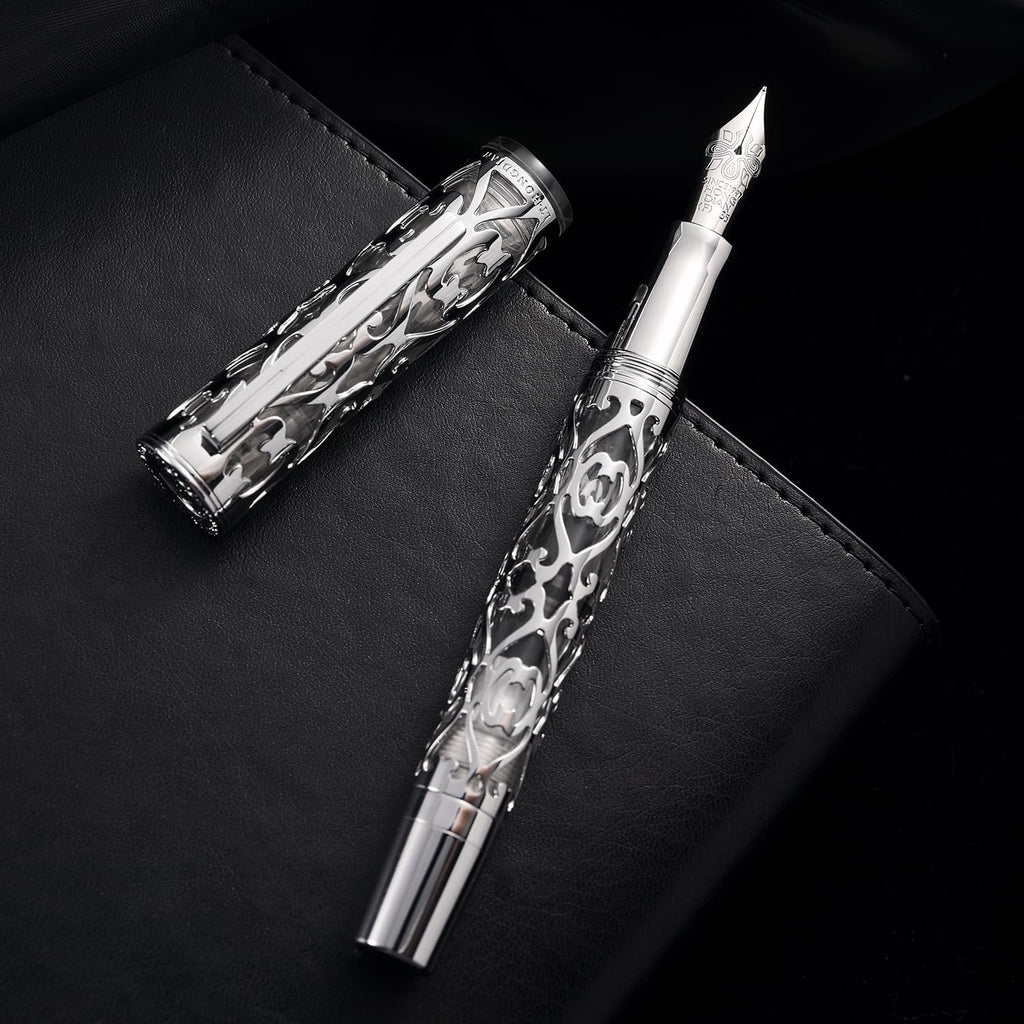 HONG DIAN D1 Pluma estilográfica Piston Fine Nib, esqueleto hueco & resina con estuche metálico (Plata)