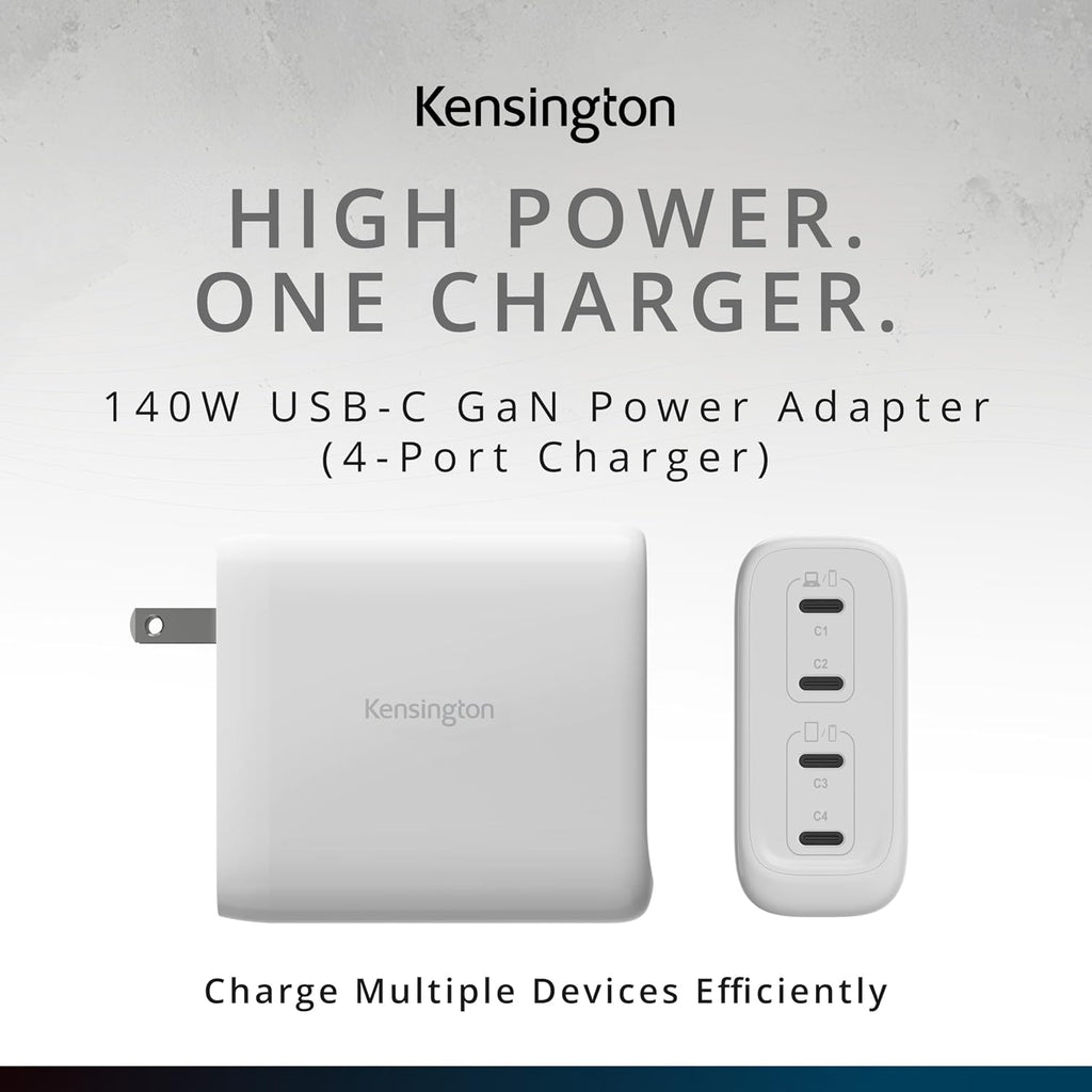 Kensington Adaptador de corriente USB-C GaN, cargador rápido con entrega de energía para portátiles, tabletas y teléfonos inteligentes, Blanco