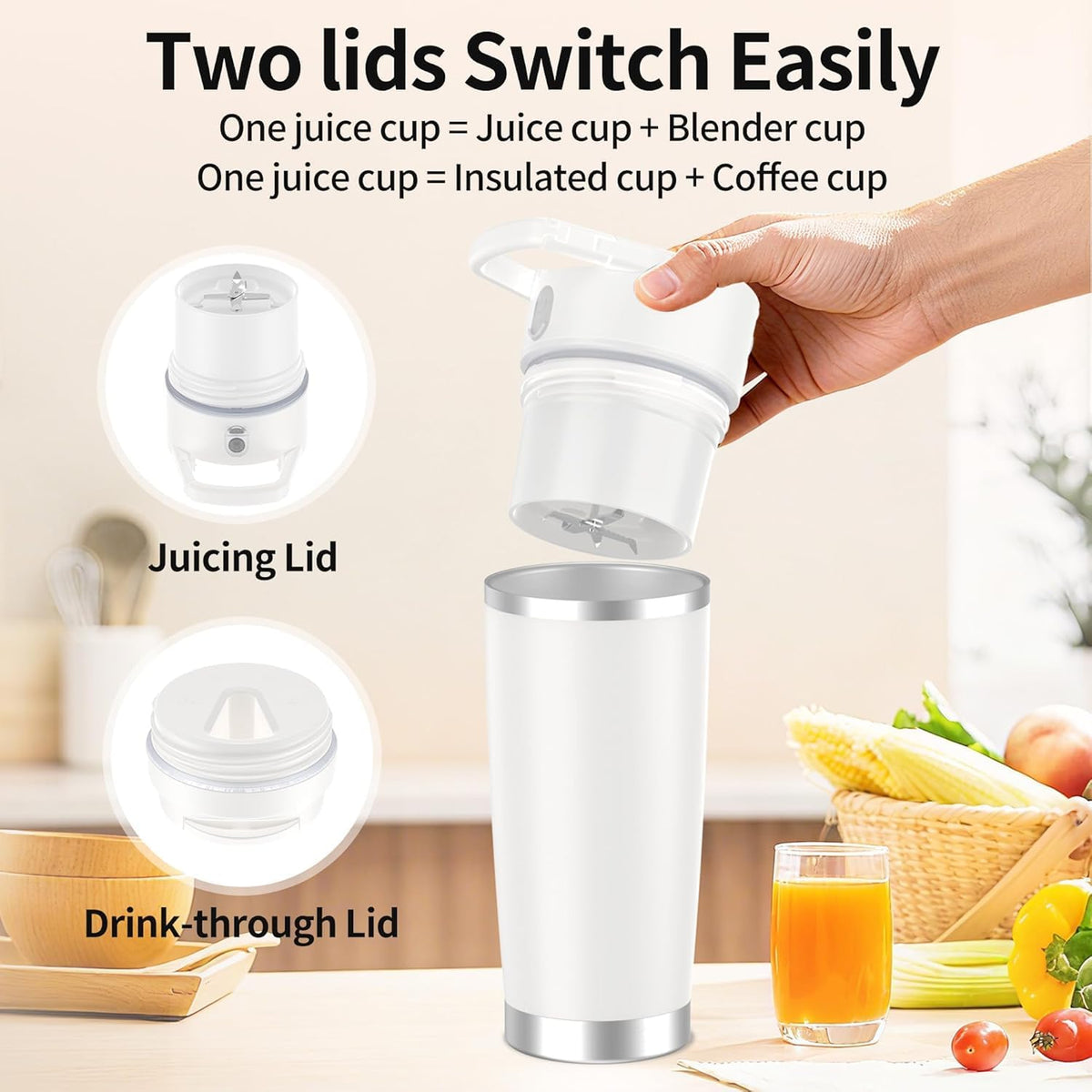 Licuadora portátil con vaso aislado al vacío, licuadora personal recargable inalámbrica de 20 onzas, botella de mezcla de acero inoxidable de 120 W para batidos y batidos, sin BPA, color
