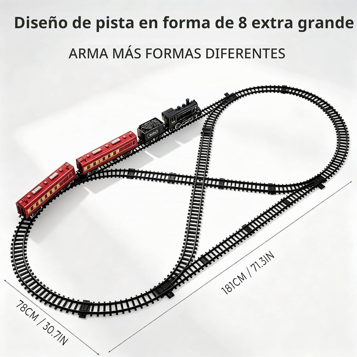 Juegos de tren eléctrico para niños, juguetes de tren de Navidad de aleación de metal, locomotora de vapor, vagones de pasajeros brillantes, pistas de lujo, luz y sonidos, regalos de cumpleaños recargables para niños y niñas, color rojo