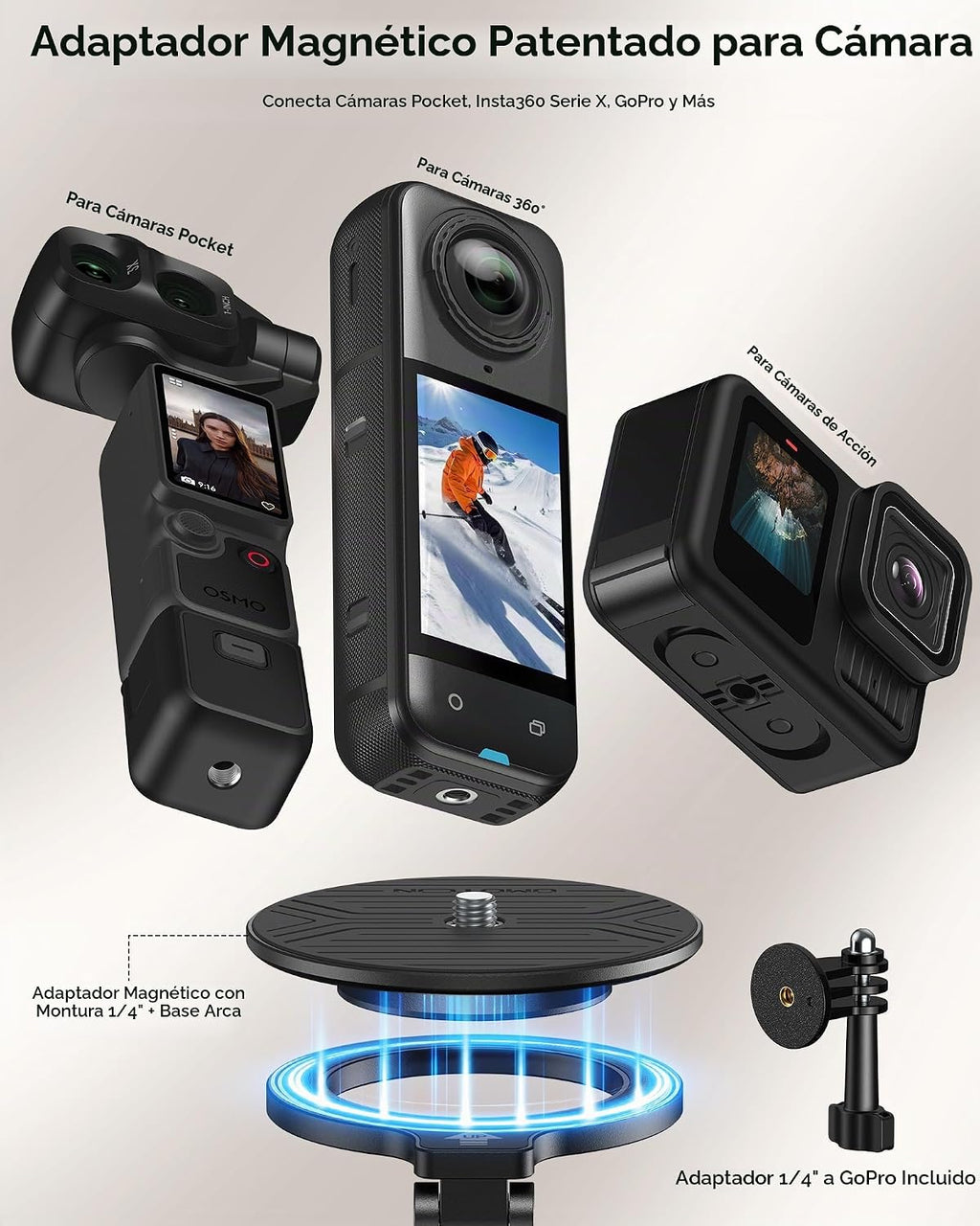 OMOTON TP02-Ultra Soporte Multi-Dispositivo para Cámara y Teléfono con Adaptador 1/4" Negro