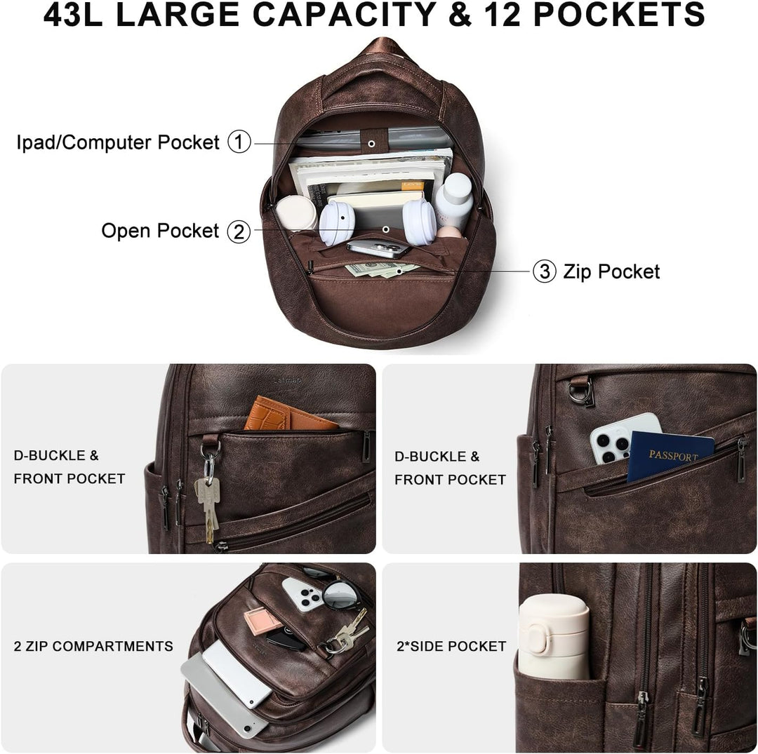 LATMAP Mochila de 43L para mujer: mochila de cuero vegano que cabe...