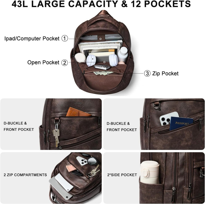 LATMAP Mochila de 43L para mujer: mochila de cuero vegano que cabe...