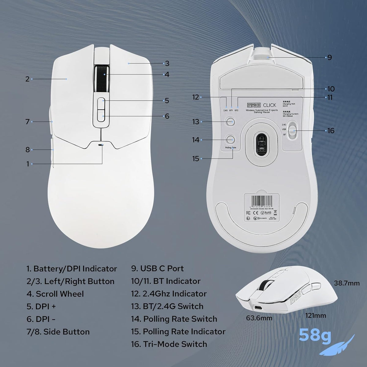 EPOMAKER Click Gaming Mouse inalámbrico 2.4Ghz\/BT\/Type-C, 800 a 4...