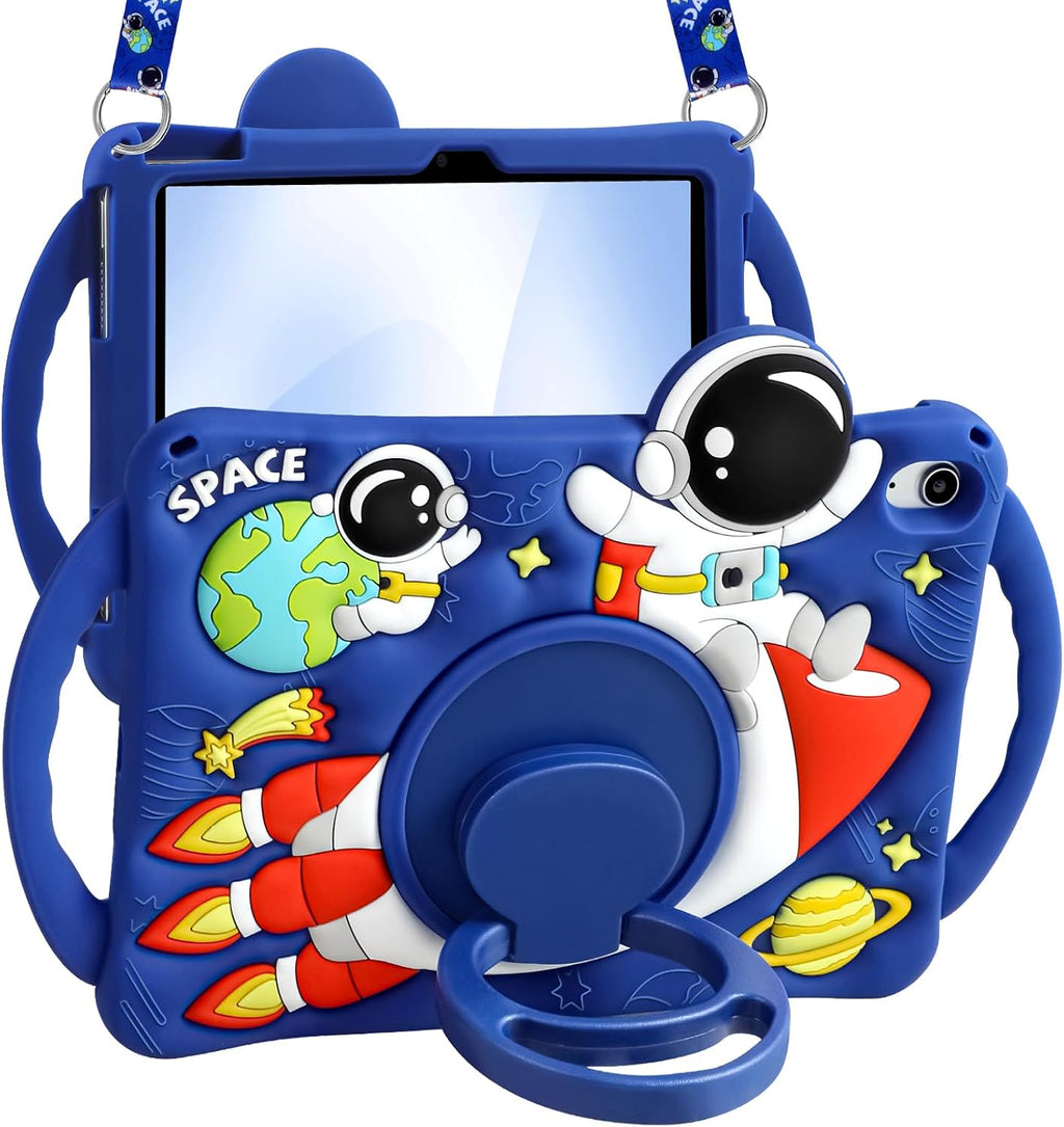Boaretiu - Funda para iPad A16/10ª generación, diseño de astronauta de dibujos animados con correa y soporte giratorio y asa para niños, niñas, adolescentes, silicona 3D para iPad A16 de 11ª