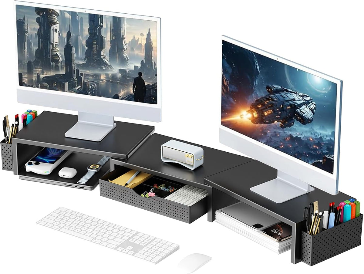 gianotter Soporte elevador para monitor dual, organizador de escritorio con cajón y 2 portaplumas, soporte para monitor de computadora, estante para la parte superior del escritorio, negro