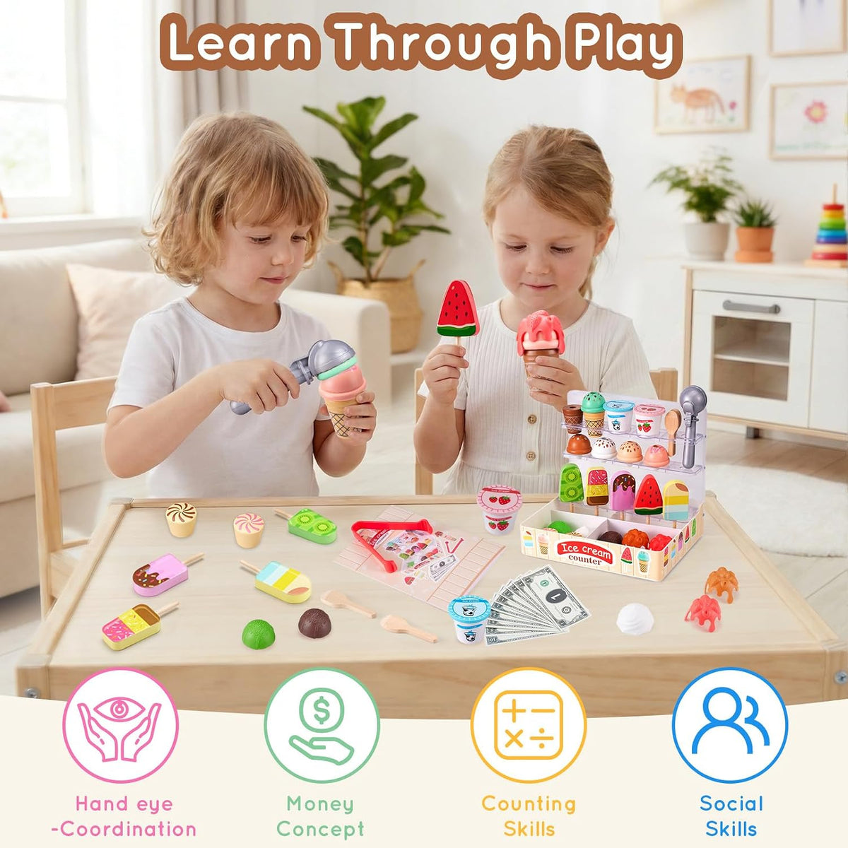 Ehome - Juego de helado plegable de madera para niños, juego de comida de