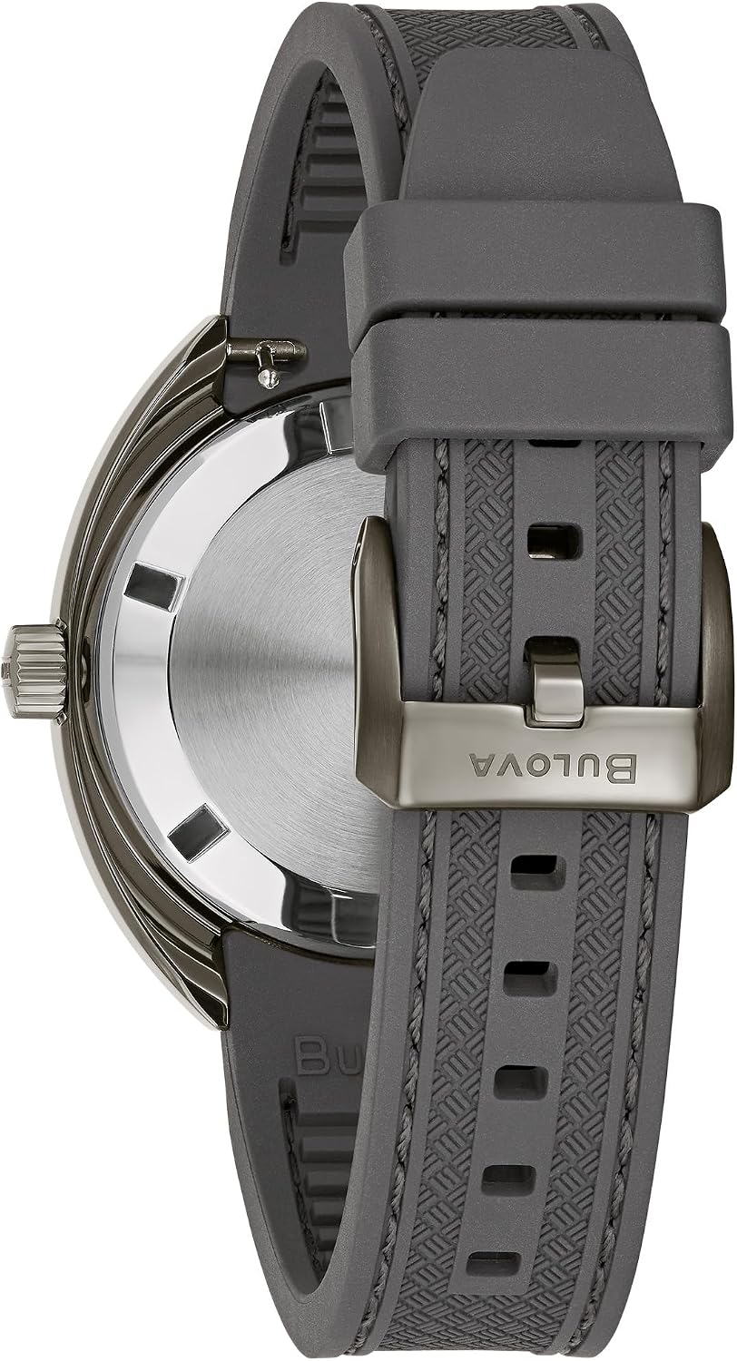 Bulova Reloj automático para hombre Oceanographer Snorkel GMT, caja de acero inoxidable gris ionizada, bisel giratorio unidireccional negro, correa de silicona gris, esfera blanca Estilo: 98B407