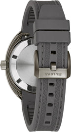 Bulova Reloj automático para hombre Oceanographer Snorkel GMT, caja de acero inoxidable gris ionizada, bisel giratorio unidireccional negro, correa de silicona gris, esfera blanca Estilo: 98B407