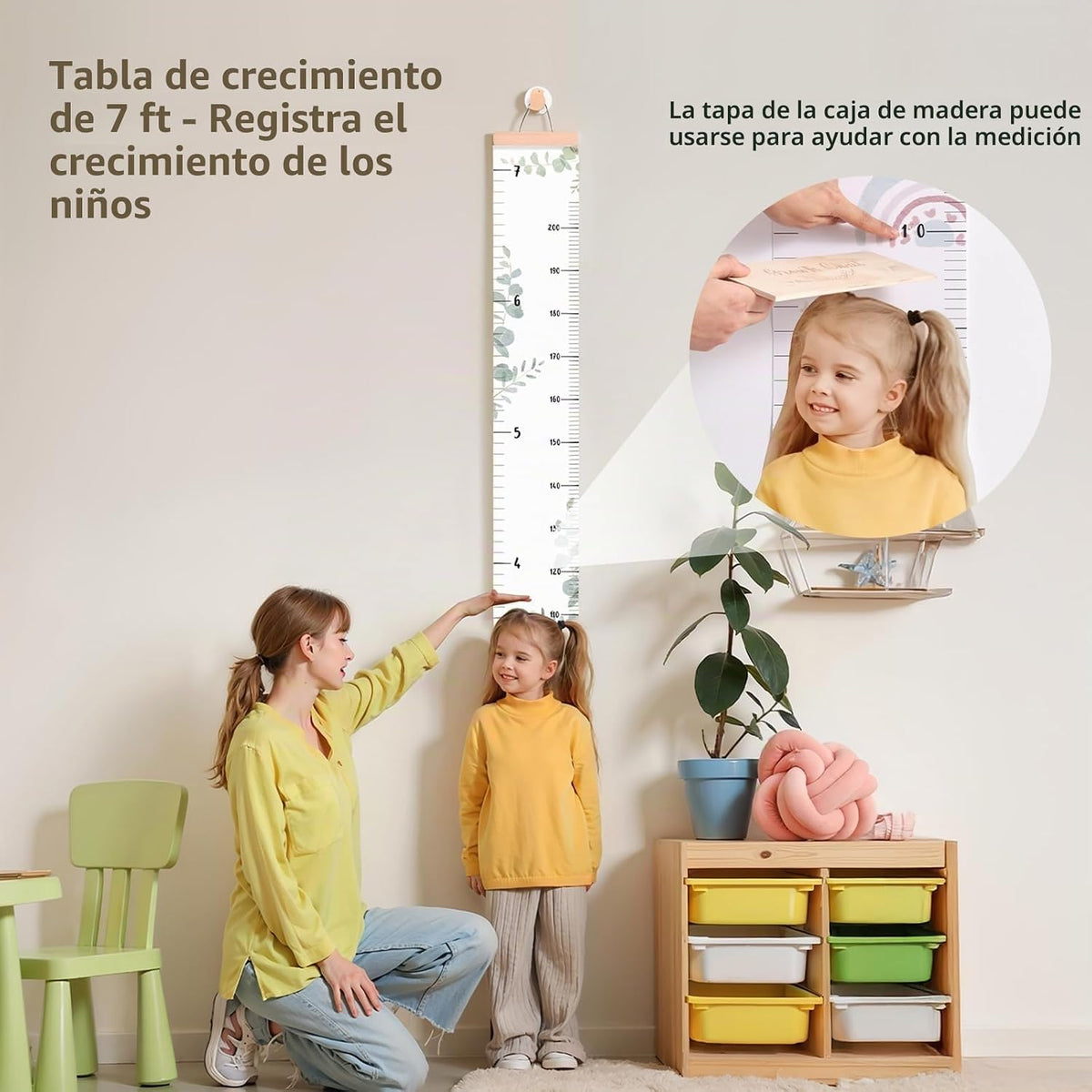 let's make Tabla de crecimiento para pared, tabla de altura de 7 pies con caja de recuerdos y gancho, regla de pared de lona impermeable, extraíble neutra, decoración de pared para bebés, niños pequeños
