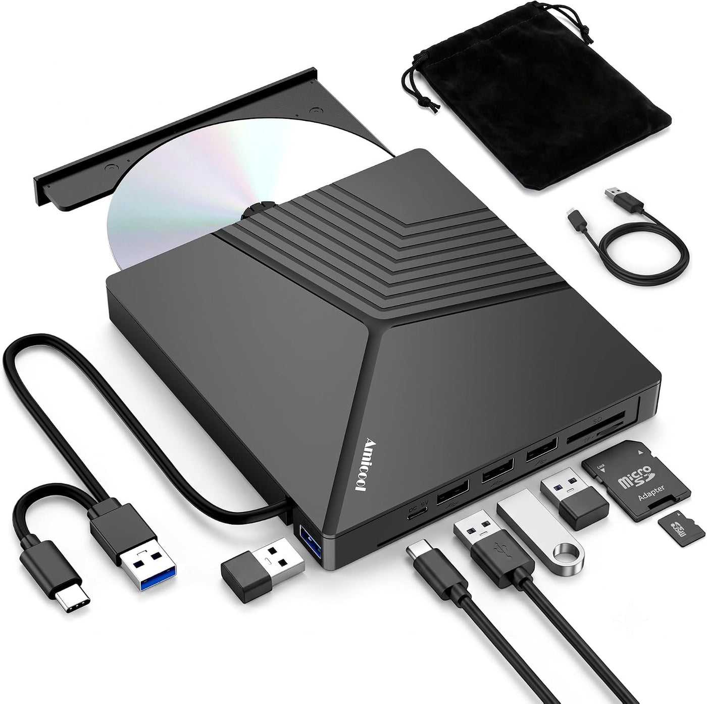 Unidad de CD/DVD externa Amicool 8 en 1 USB A\/C con puerto de lect...