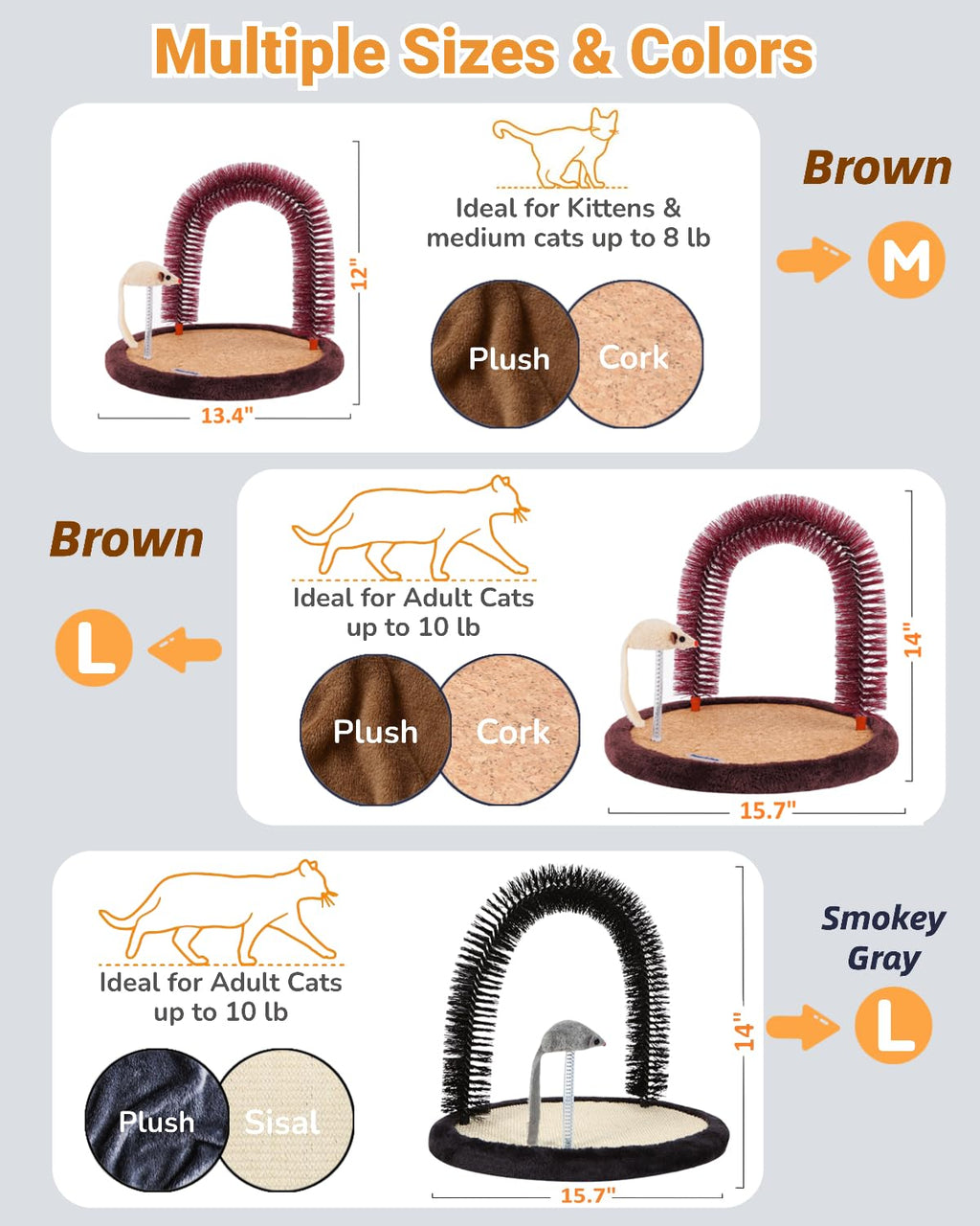 Happi N Pets Acicalador Automático Original para Gatos, Cepillo de Aseo en Arco con Almohadilla Rascadora de Madera Pesada, Poste para Frotarse y Juguete, Rascadores para la Cara del Gato y Masajeador