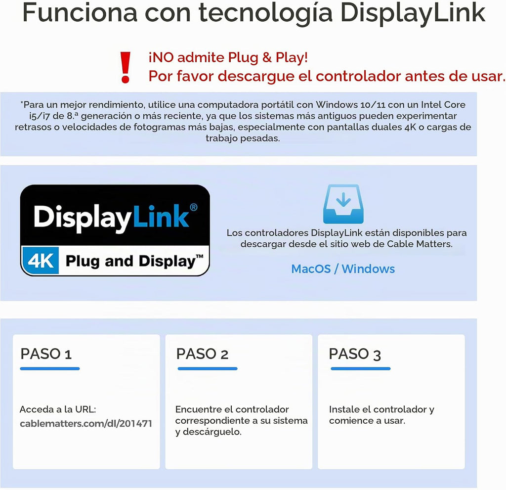 [Certificado DisplayLink] Adaptador Cable Matters USB C a HDMI dual