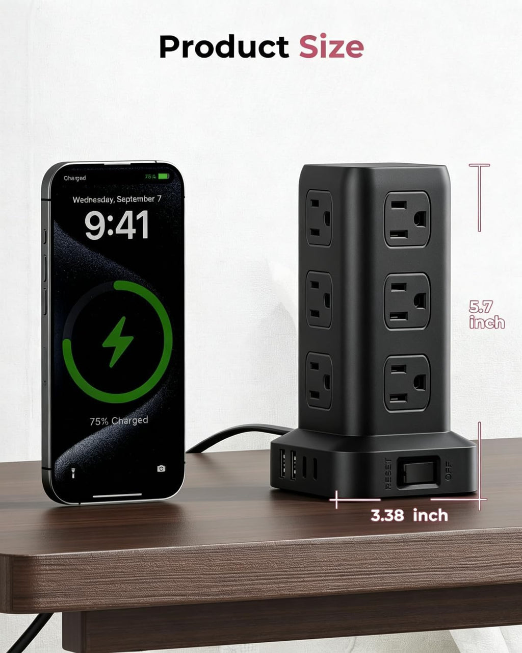 Regleta de alimentación de 6.5 pies, torre de regleta de alimentación con 4 puertos USB (2USB C), cable de extensión con 12 tomas de corriente alterna múltiples, suministros de oficina en casa