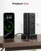 Regleta de alimentación de 6.5 pies, torre de regleta de alimentación con 4 puertos USB (2USB C), cable de extensión con 12 tomas de corriente alterna múltiples, suministros de oficina en casa