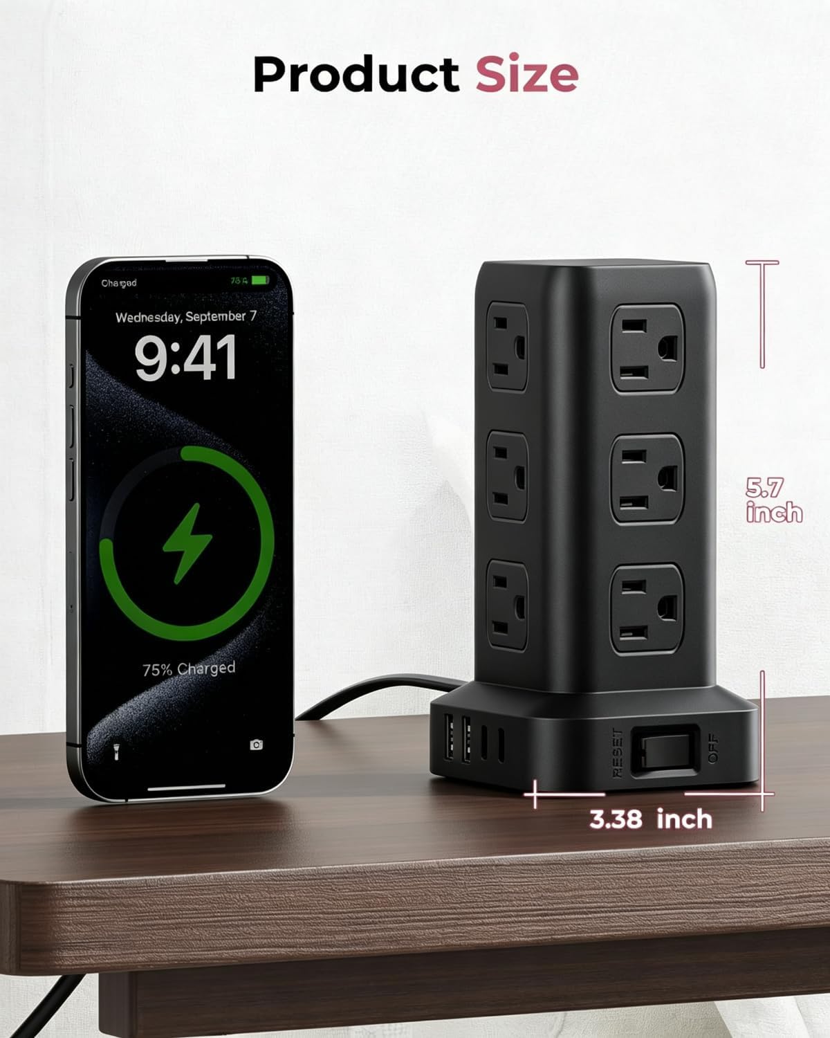 Regleta de alimentación de 6.5 pies, torre de regleta de alimentación con 4 puertos USB (2USB C), cable de extensión con 12 tomas de corriente alterna múltiples, suministros de oficina en casa