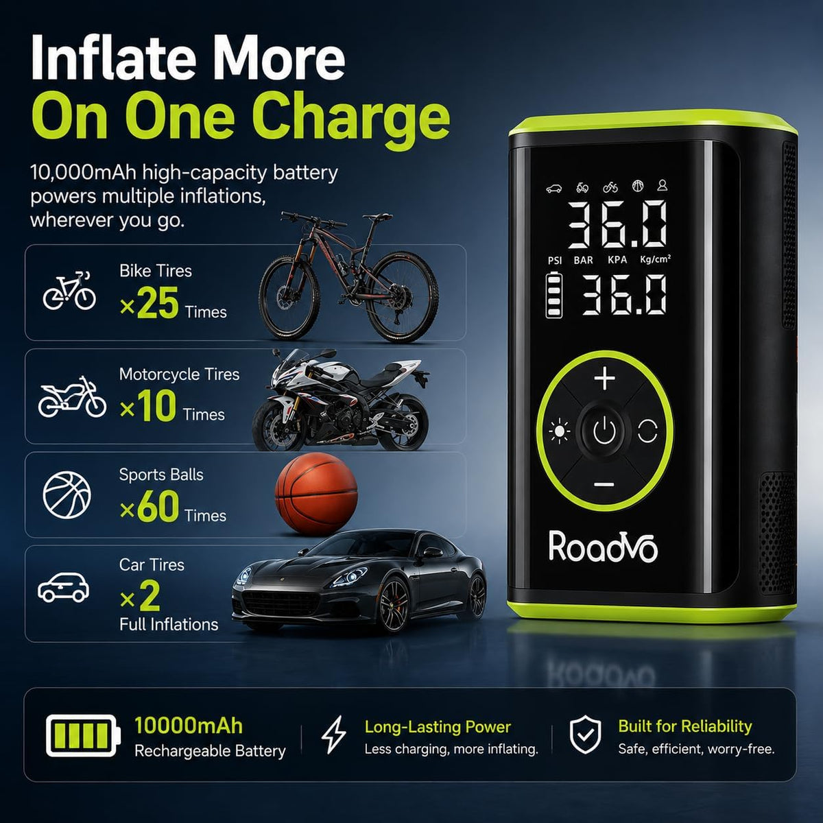 Roadvo [10000 mAh] Inflador de neumáticos Compresor de aire portáti...