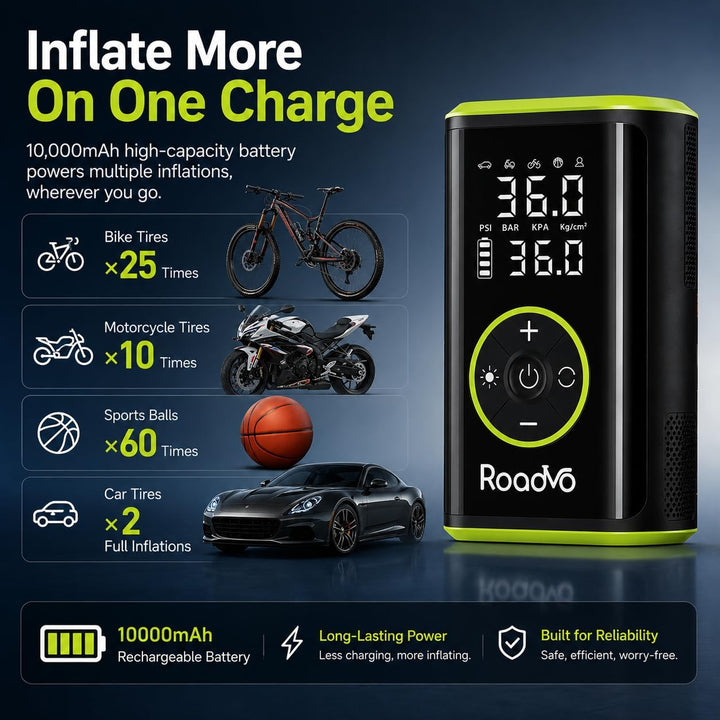 Roadvo [10000 mAh] Inflador de neumáticos Compresor de aire portáti...