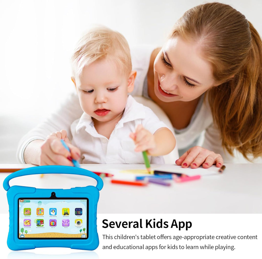 Tablet Kids de 7 pulgadas con funda a prueba de golpes, 1 GB de RAM 32 GB ROM, tableta Android para niños pequeños con Bluetooth, GMS, WiFi, control parental, educativo, juegos (azul)