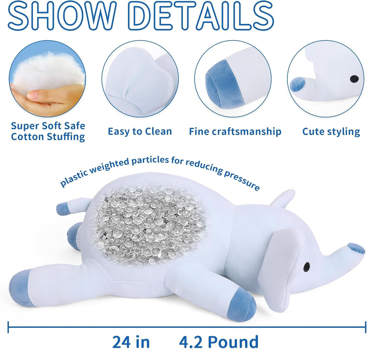 Animales de peluche de elefante con peso de 24 pulgadas, 4.2 libras, felpa azul con peso para niños, adultos, niños y niñas, lindo juguete de almohada suave para Navidad, San Valentín