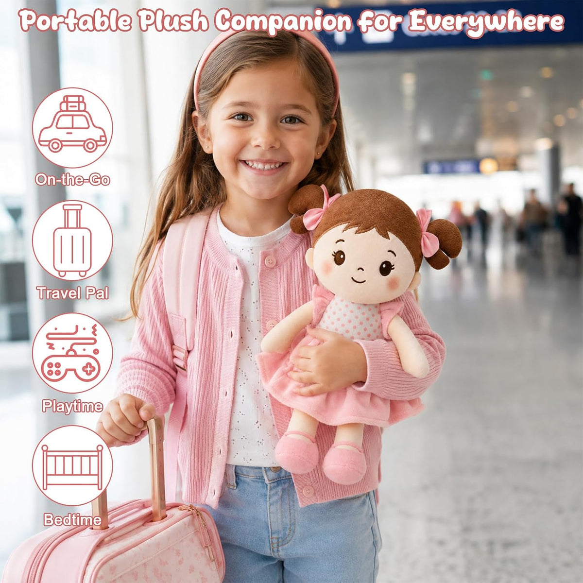 SQEQE Muñeca de bebé suave, muñecas de trapo de felpa de 11 pulgadas para regalo de cumpleaños de niña de 1 año, primeros juguetes de muñecas de bebé para niños pequeños, cabello castaño