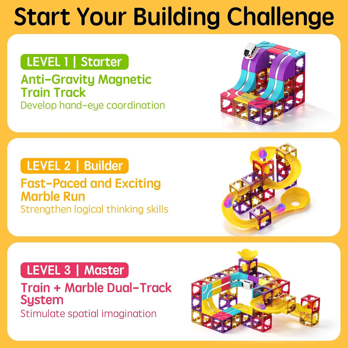 Juego de bloques de construcción magnéticos 3 en 1, 92 piezas, azulejos magnéticos, carrera de pelota y pista de tren de carreras, juguete educativo STEM para niños a partir de 3 años