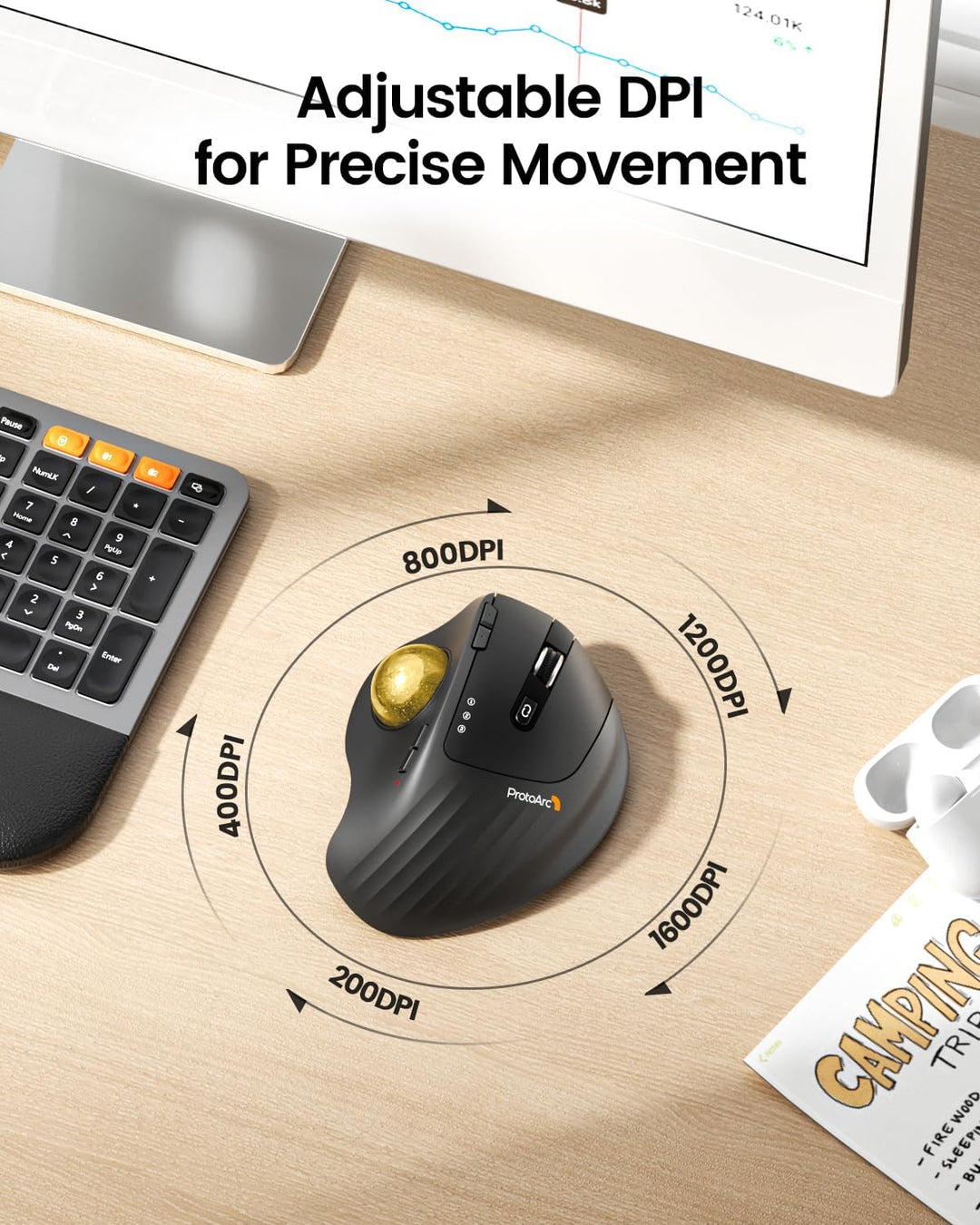 ProtoArc EM01 NL - Ratón de Trackball inalámbrico, ergonómico Bluet...