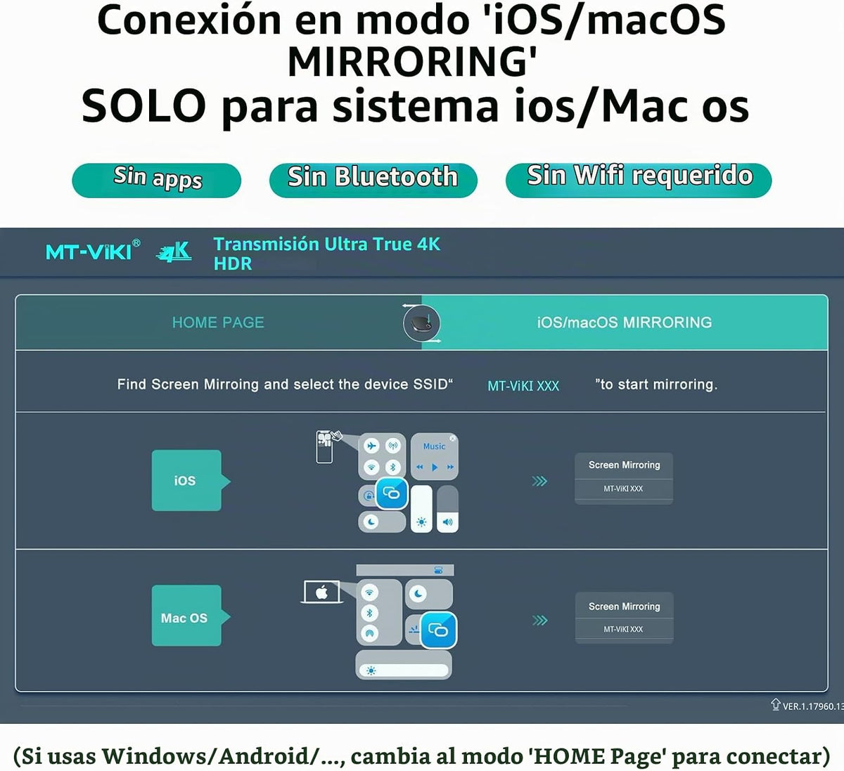MT-VIKI Adaptador Dongle de pantalla HDMI inalámbrico 4K, transmisor inalámbrico, entrada y salida de 4K @60Hz, transmisión de video multimedia para monitorear desde Mac iOS Android Windows, compatible con Airplay DLNA Miracast