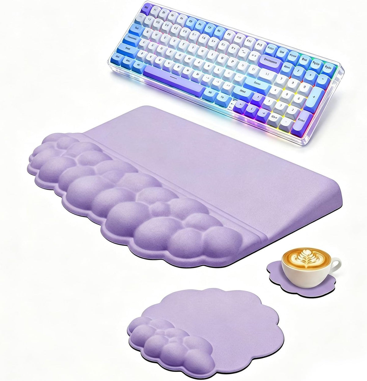 Cloud - Juego de reposamuñecas para teclado, 3 en 1, ergonómico de espuma viscoelástica, soporte para teclado con soporte de muñeca para mouse y soporte para tazas, cojín de escritorio