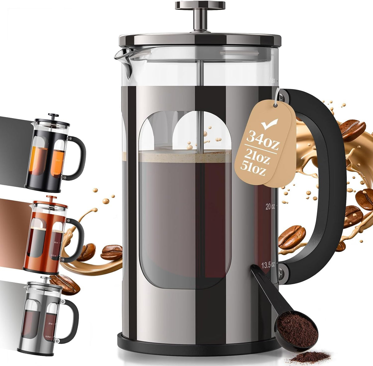 Veken Cafetera de prensa francesa de 34 oz, sin plástico tocante