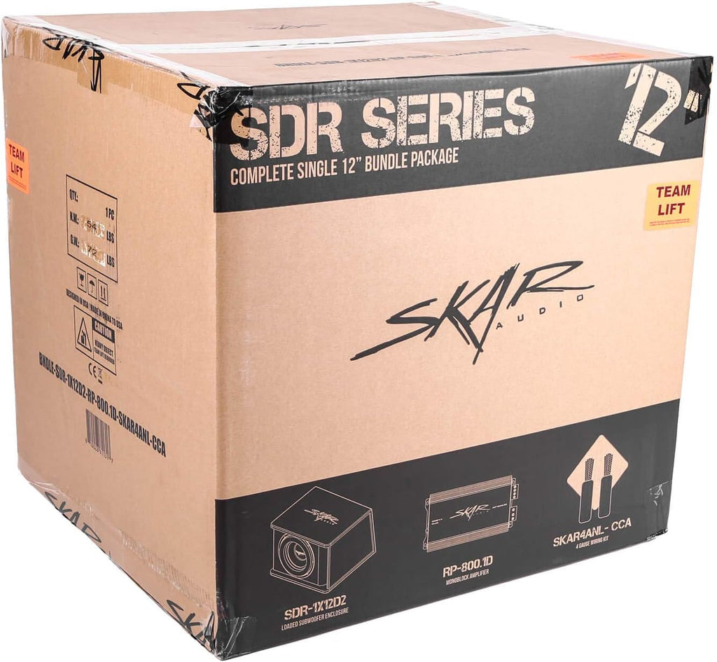 Skar Audio Paquete completo de graves de subwoofer individual de 12" de la serie SDR de 1,200 vatios - Incluye carcasa cargada con amplificador