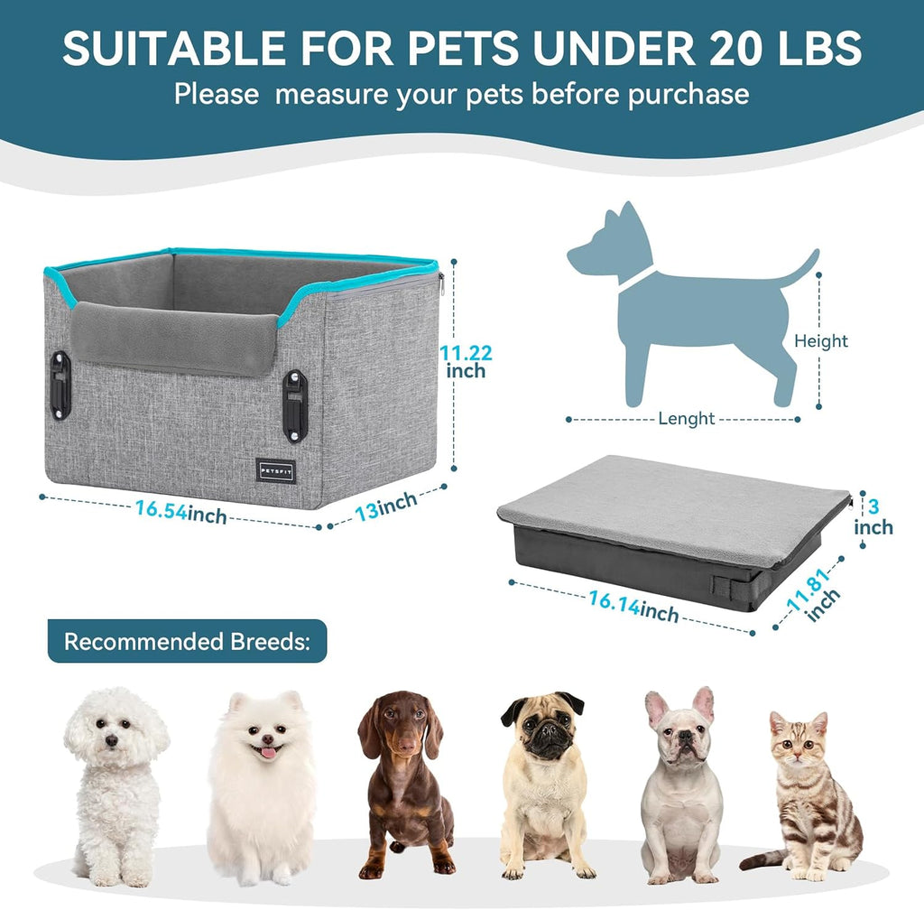 PETSFIT Asientos de coche para perros pequeños – Hebillas de seguridad patentadas – Correa de seguridad – Asiento plegable elevador para perro de viaje que reduce la ansiedad y los viajes por