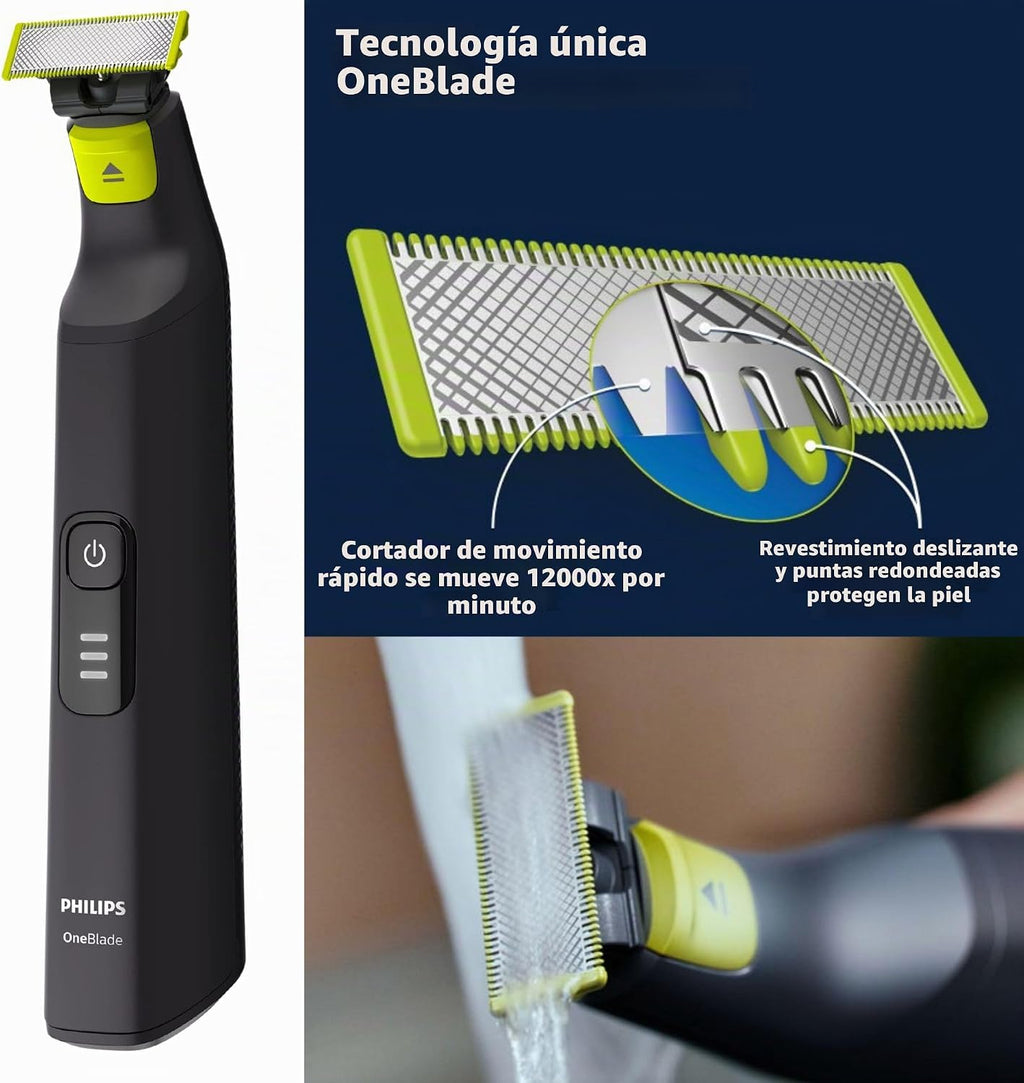 PHILIPS OneBlade Pro Face + Body Recortadora y Afeitadora Eléctrica Híbrida, recargable, peine de precisión ajustable de 14 longitudes, kit para cuerpo, hoja de doble cara, uso en húmedo y seco, estuche de viaje